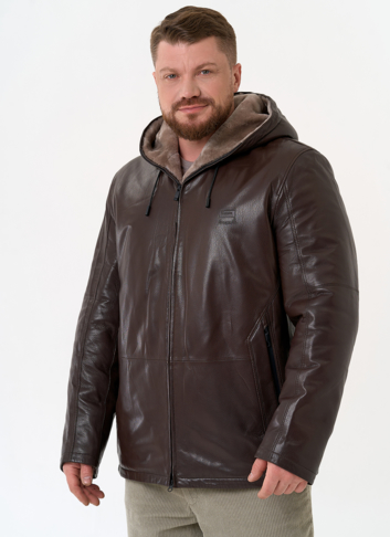 Мужская дубленка коричневого цвета с капюшоном Мужская дубленка коричневого цвета с капюшоном