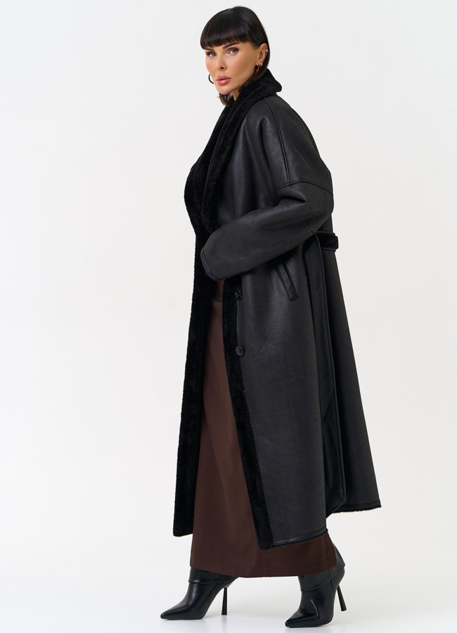 Женская двухсторонняя дубленка из эко замши с воротником шаль модель № 31506 универмаг малина