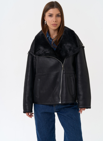 Женская дубленка из эко замши в черном цвете