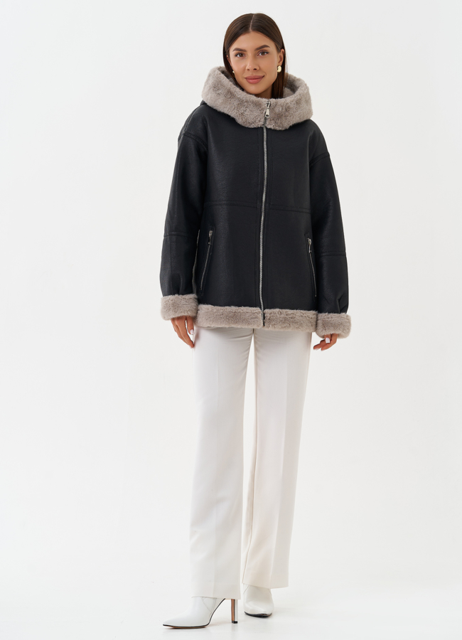 Женская эко дубленка с капюшоном модель № 27760 меха малина