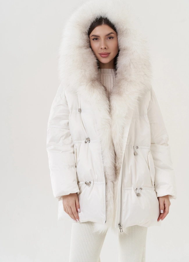 Пуховик женский с капюшоном  модель № 25938 меха малина