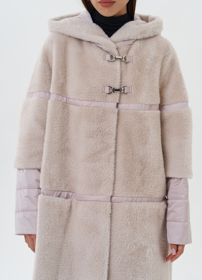 Комбинированное пальто из эко меха с капюшоном модель № 27652 универмаг малина