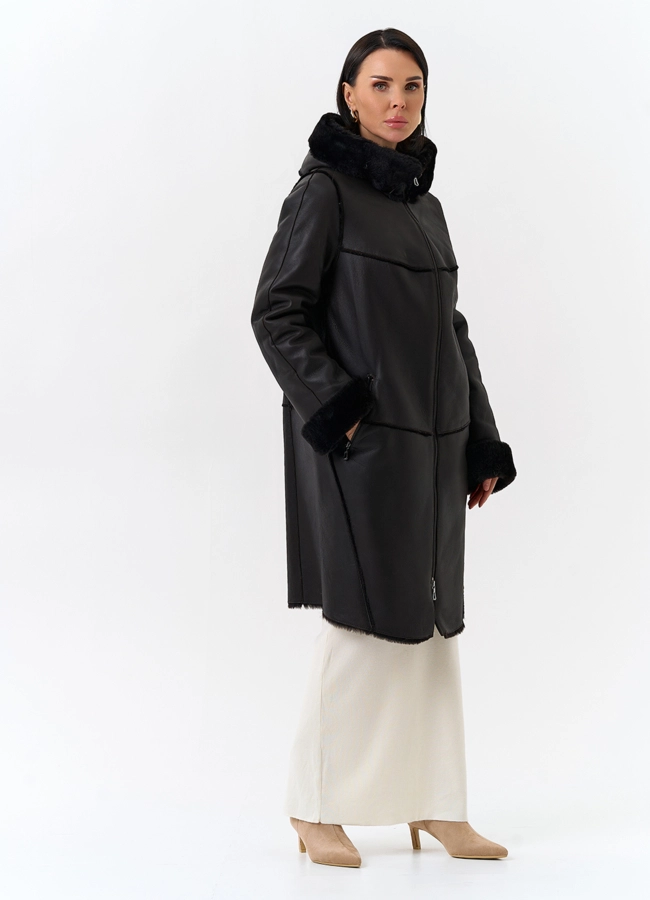 Женская натуральная дубленка с капюшоном модель № 32199 универмаг малина