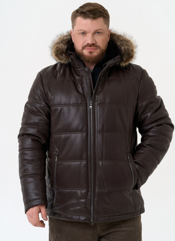 Пуховик из эко кожи с капюшоном из меха енота Пуховик из эко кожи с капюшоном из меха енота