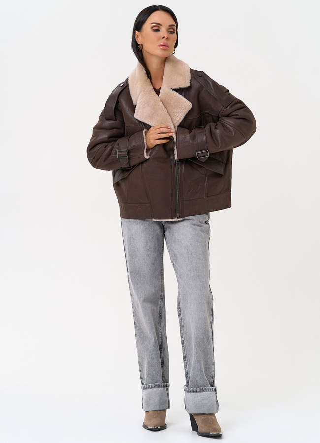 фото Натуральная дубленка коричневого цвета модель № 31356