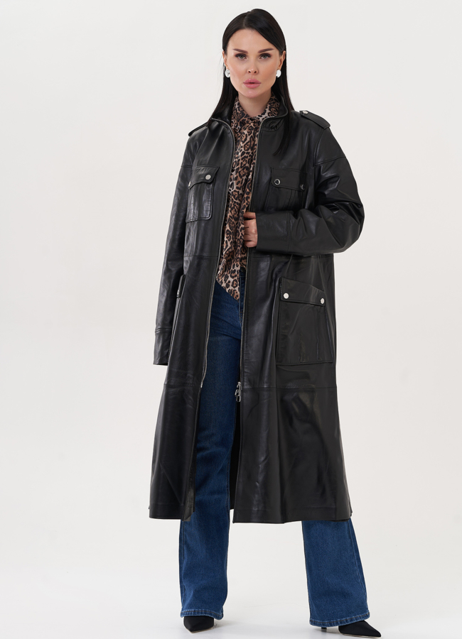 Плащ из натуральной кожи черного цвета модель № 26954 в рассрочку