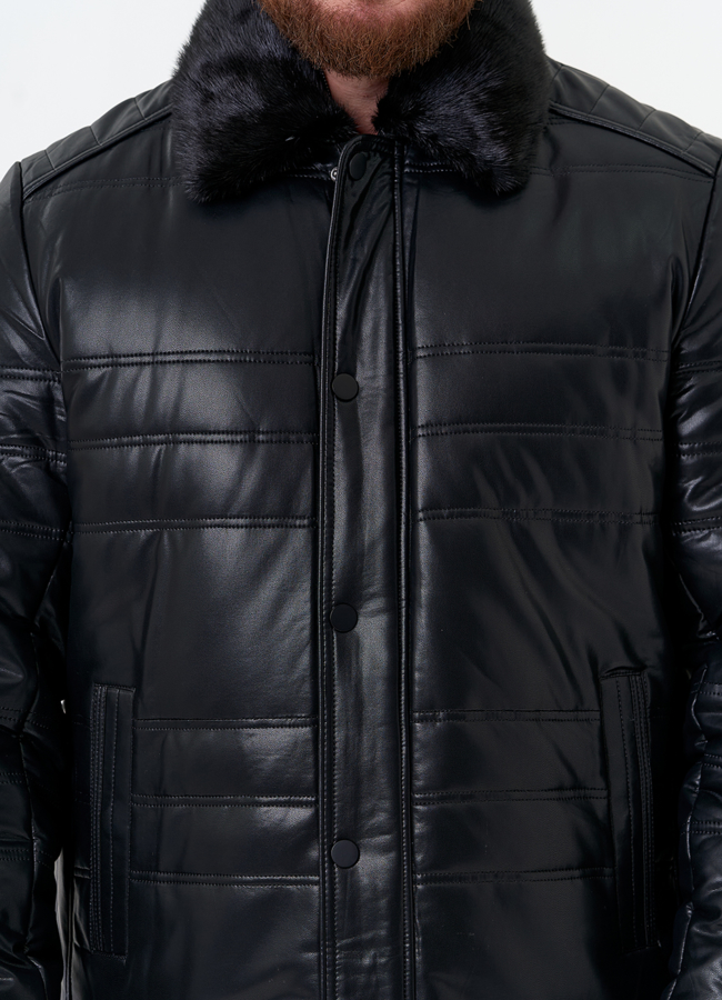 Пуховик из эко кожи с воротником стойкой модель № 31723 универмаг малина