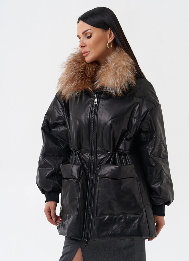 Кожаный пуховик с мехом модель № 29404 универмаг малина