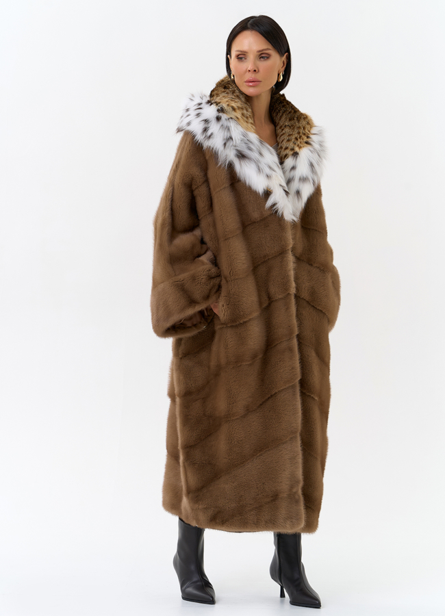 Шуба из меха норки с капюшоном из меха рыси модель № 31871 универмаг малина