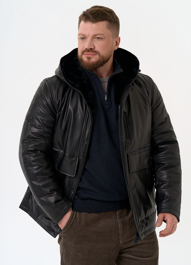 Куртка из натуральной кожи с капюшоном модель № 31422 меха малина