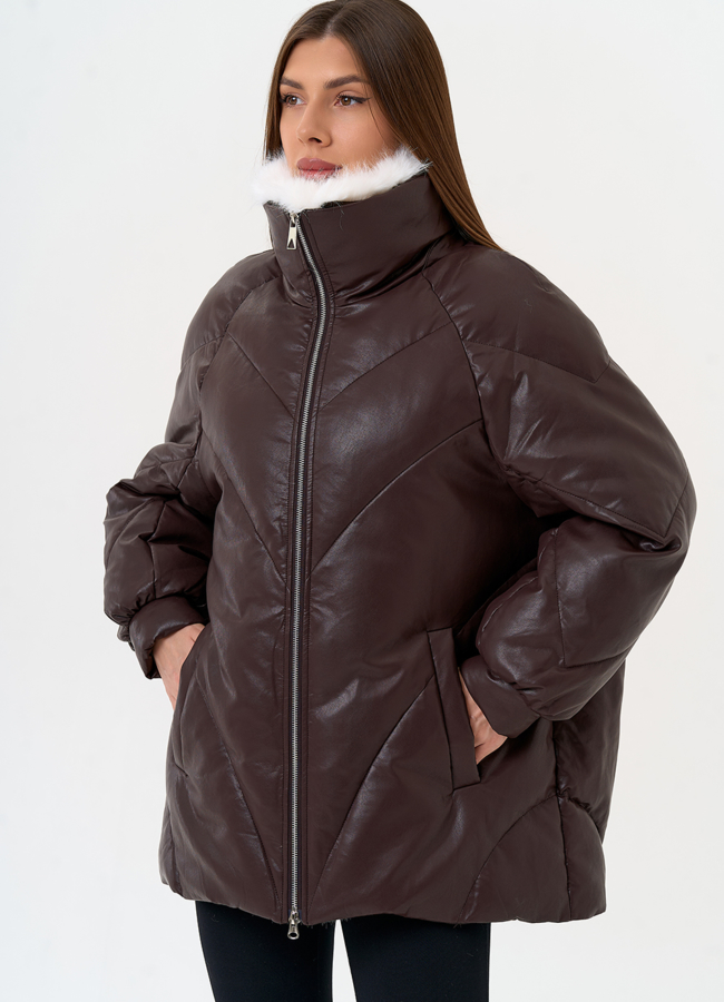Женский пуховик из эко кожи коричневого цвета модель № 30712 универмаг малина