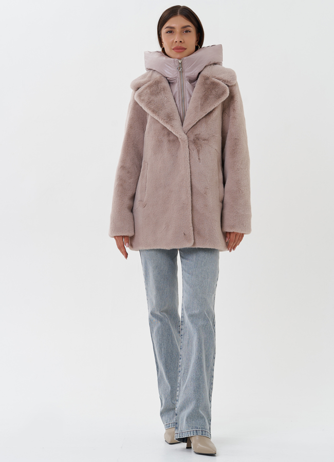 фото Женский пуховик из эко меха с манишкой модель № 27747