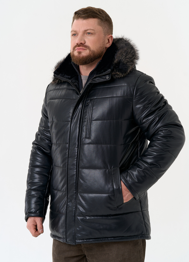 Пуховик из эко кожи с капюшоном из меха енота модель № 22072 универмаг малина