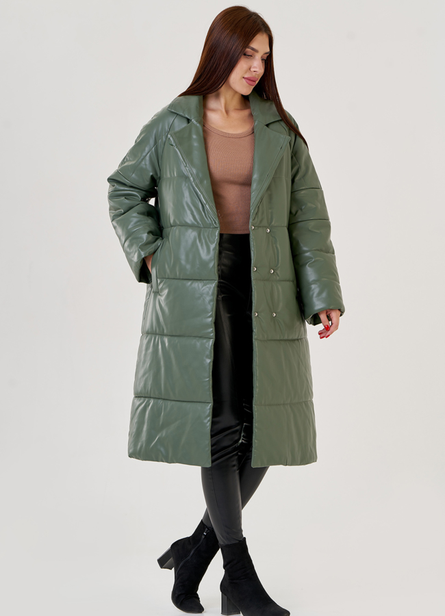 Женский классический пуховик Malina Siberian из эко кожи в зеленом цвете модель № 23365 в кредит