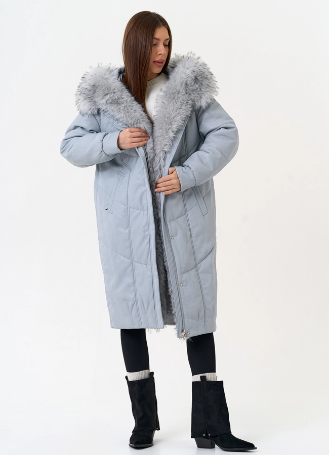фото Женский пуховик из эко кожи с отделкой из эко меха модель № 30720
