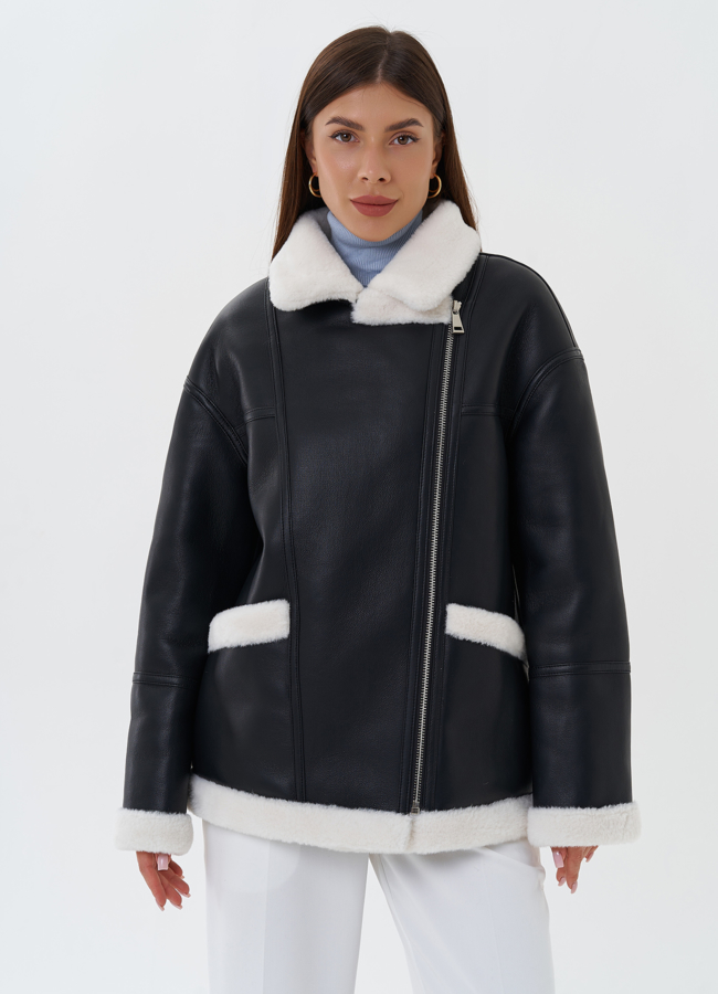 Дубленка из эко кожи черного цвета с черным эко мехом модель № 27693 универмаг малина