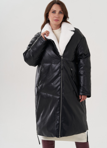 Пуховик женский из эко кожи с английским воротником