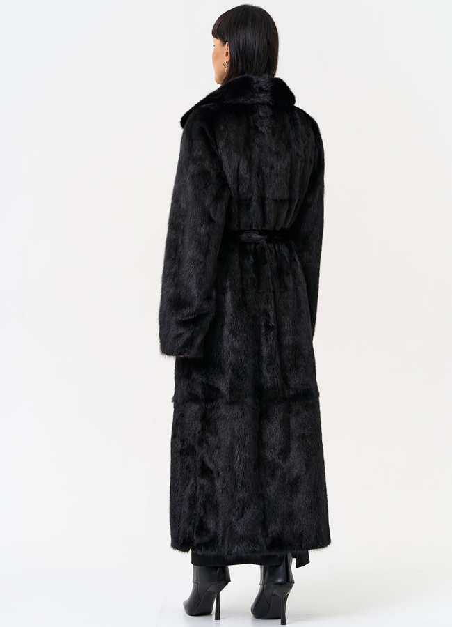 Длинная шуба из меха норки в черном цвете модель № 28080 в кредит